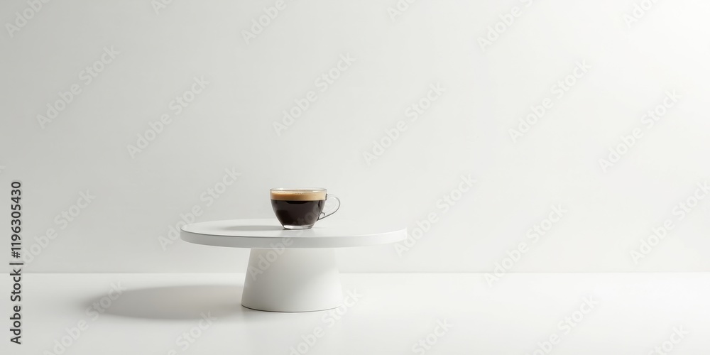 A single serving of espresso sits on a minimalist white pedestal against a clean white backdrop A single serving of espresso sits on a minimalist white pedestal against a clean white backdrop