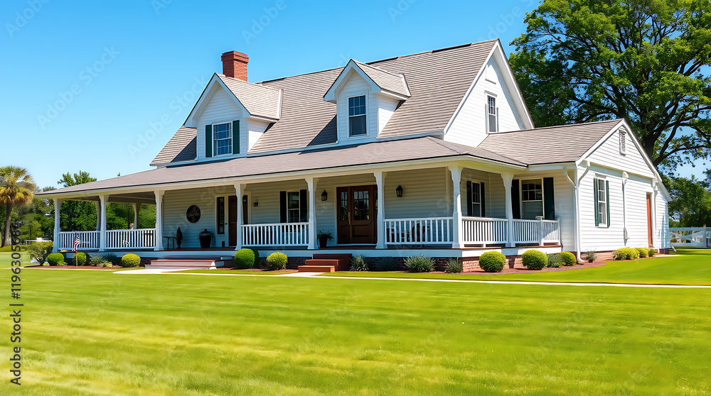 Obraz premium Dream House: A Picturesque White Suburban Home with a Spacious Porch and Lush Green Lawn