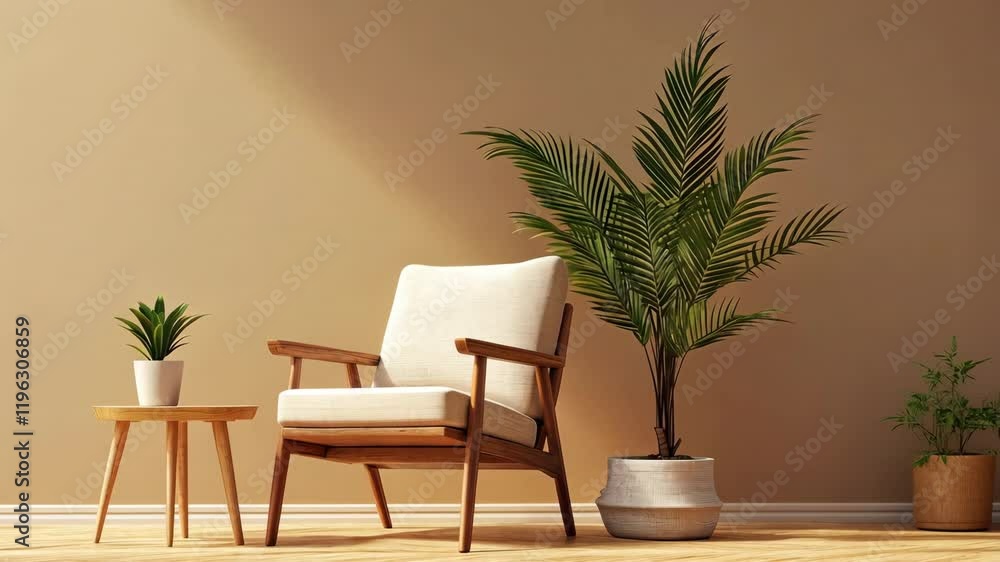 A comfortable, cushioned armchair and a coffee table with a plant on a brown backdrop A comfortable, cushioned armchair and a coffee table with a plant on a brown backdrop