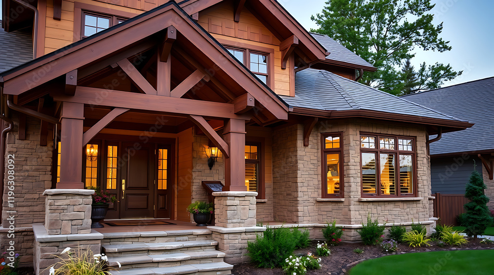 Luxury Modern Home Exterior Design: Stone and Wood Architecture at Dusk Luxury Modern Home Exterior Design: Stone and Wood Architecture at Dusk