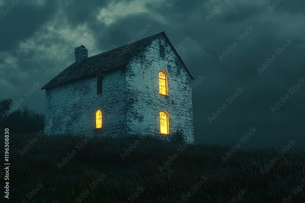 Fototapeta premium Eerie Isolated Haunted House: Spooky Night Scene in the Wilderness fog dark fear scary rural ghost 