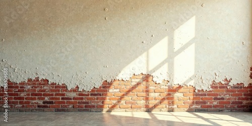 Rustic interior wall with distressed plaster revealing aged brickwork beneath, sunlit window shadows accentuate texture