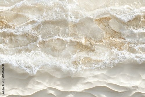 Close-up of waves gently lapping on a sandy beach. Soft, creamy tones and peaceful atmosphere.