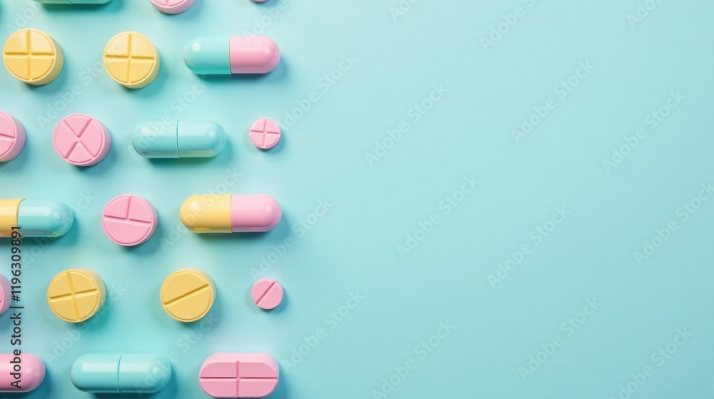 Pastel-colored capsules and tablets arranged on a light blue background, creating a vibrant and visually appealing medical theme. Pastel-colored capsules and tablets arranged on a light blue background, creating a vibrant and visually appealing medical theme.
