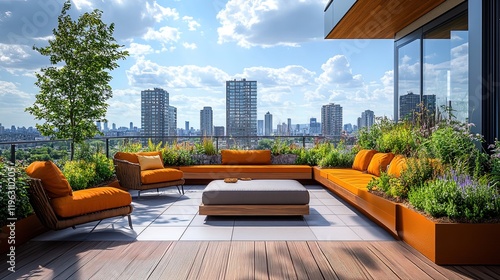 Urban rooftop eco-garden with vibrant greenery, sustainable furniture, and cityscape views