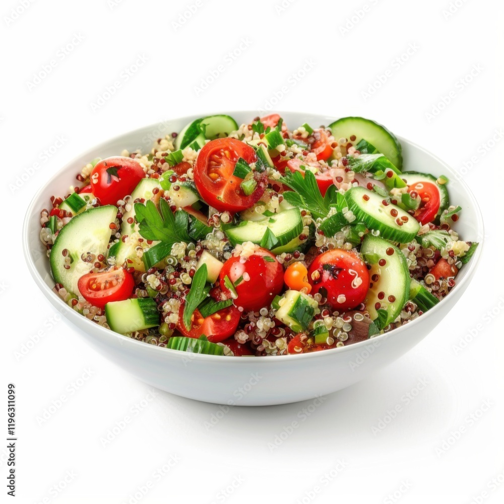A Mediterranean quinoa salad with cherry tomatoes and cucumbers, isolated white background, modern art style A Mediterranean quinoa salad with cherry tomatoes and cucumbers, isolated white background, modern art style