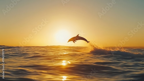 A dolphin leaping out of the ocean at sunrise