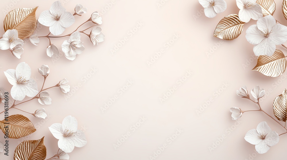 Obraz premium Delicate white flowers and golden leaves beautifully arranged on a soft pastel background, perfect for elegant designs.