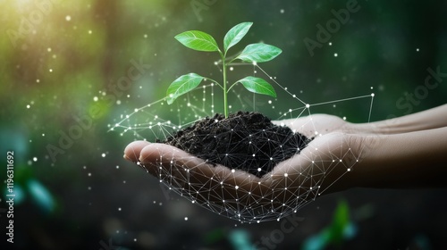 Abstract giving hand with young plant in soil. Low poly style design. Blue geometric background. Wireframe light connection structure. Modern 3d graphic concept. Isolated vector illustration.