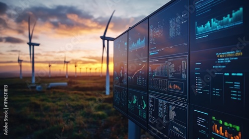 Green power or renewable energy concept of wind turbines farm or wind power plant with Scada system computer screen monitoring at operations controller room for operator engineer teamwork.
