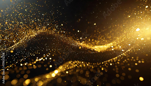 ダークゴールドと輝く粒子の抽象的な背景。金色の背景と粒子の光の流れ。Abstract background of dark gold and glowing particles.Golden background with particles light flow. photo