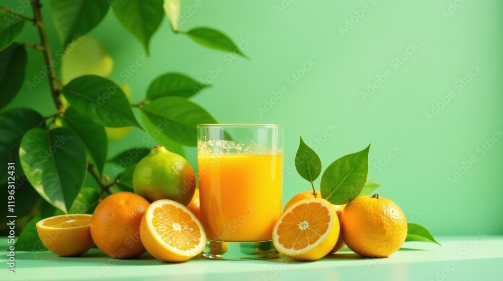Refreshing Citrus Juice with Sliced Oranges and Limes, Surrounded by Lush Green Foliage on a Soft Green Background