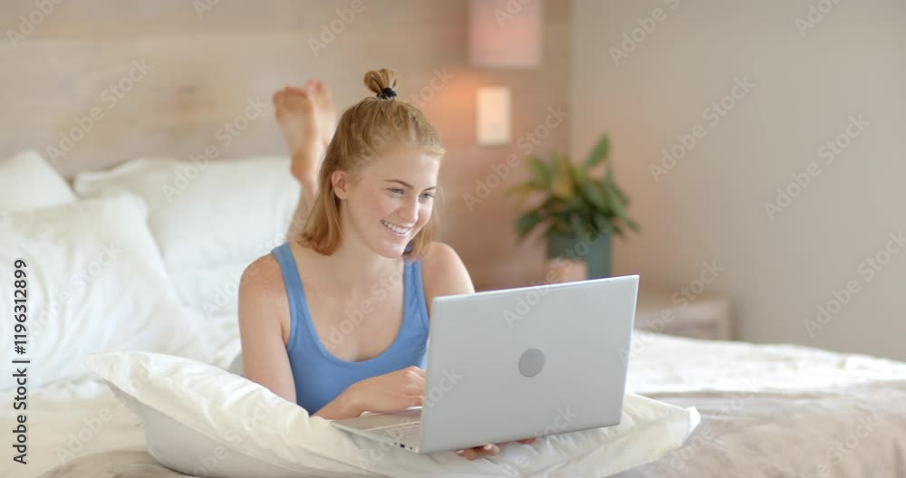 Smiling woman using laptop while lying on bed at home Smiling woman using laptop while lying on bed at home