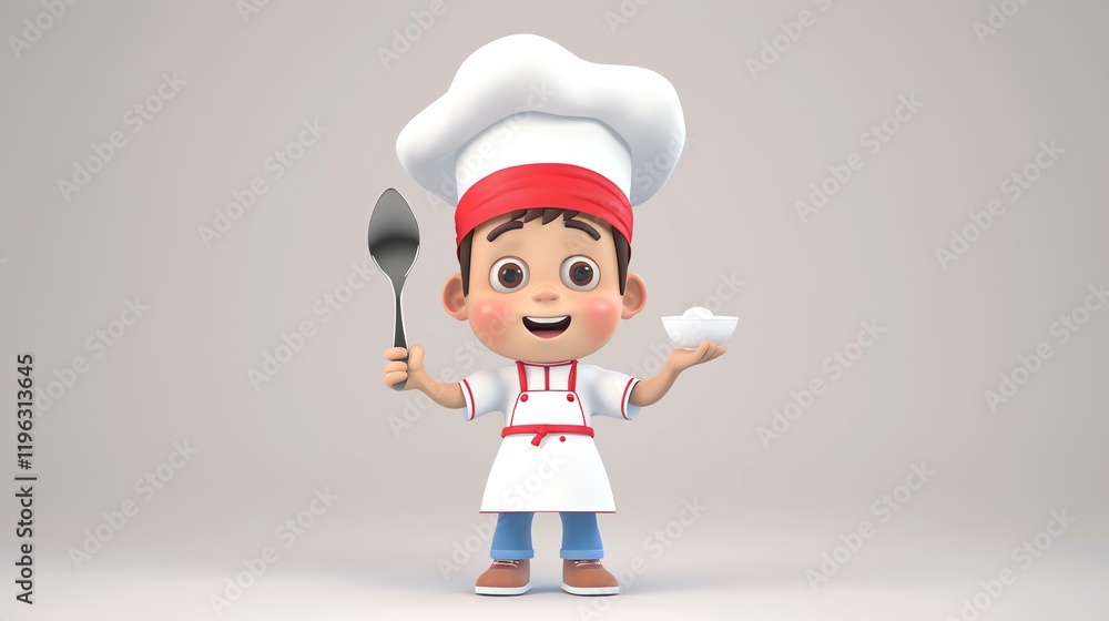 A 3D cartoon chef boy in a white uniform smiles while holding a spoon and a small bowl. A 3D cartoon chef boy in a white uniform smiles while holding a spoon and a small bowl.