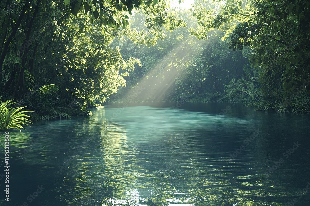 Obraz premium Serene Lakeside Escape: Lush Greenery, Sunlit Waters, Tranquil Nature sky calm view image peace quiet