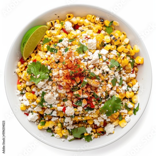 A Mexican street corn salad with grilled corn, cotija cheese, lime