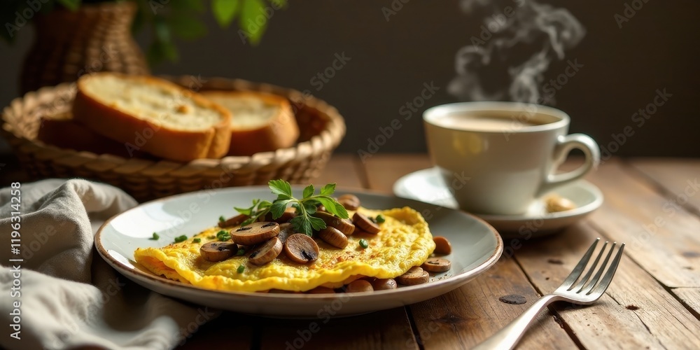 Fototapeta premium Savory Egg Omelet with Sauteed Mushrooms and Fresh Herbs Served with Crusty Bread and a Warm Beverage on Rustic Wooden Table