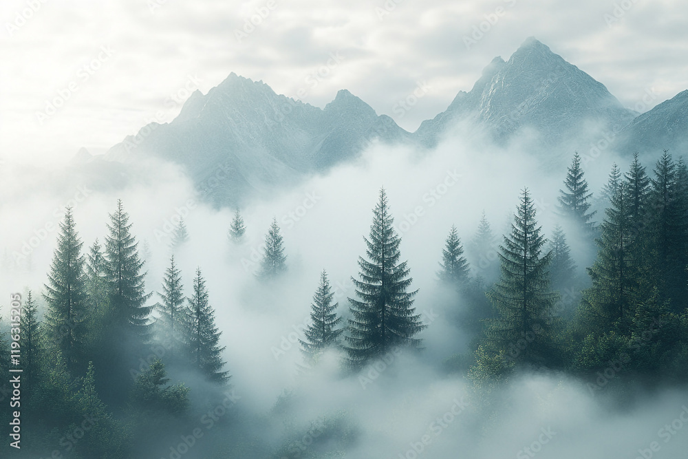 Fototapeta premium Misty Mountain Peaks Above a Foggy Evergreen Forest