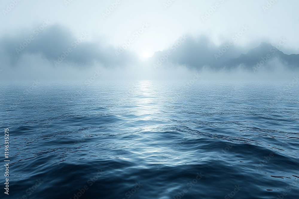 Fototapeta premium Misty Mountains Rise Above Calm Ocean Waters