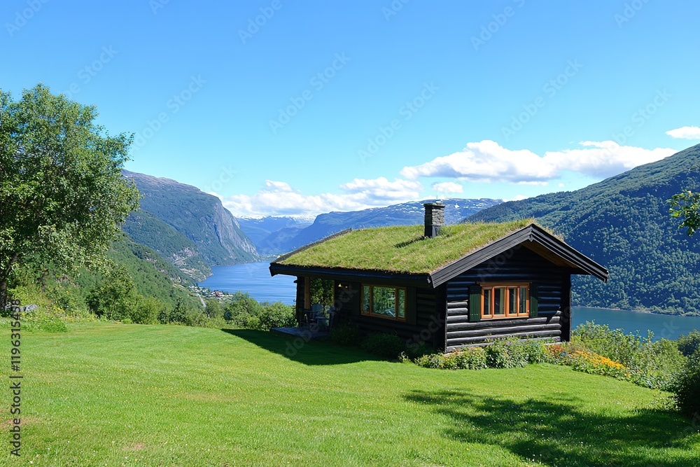 Fototapeta premium Charming Rustic Log Cabin with Verdant Grass Roof - Idyllic Nature Escape wood home cute cozy trees 