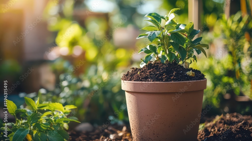 A Young Green Plant Growing in a Pot Surrounded by Lush Garden Foliage Under Soft Natural Light with a Glimpse of the Outdoors in the Background A Young Green Plant Growing in a Pot Surrounded by Lush Garden Foliage Under Soft Natural Light with a Glimpse of the Outdoors in the Background