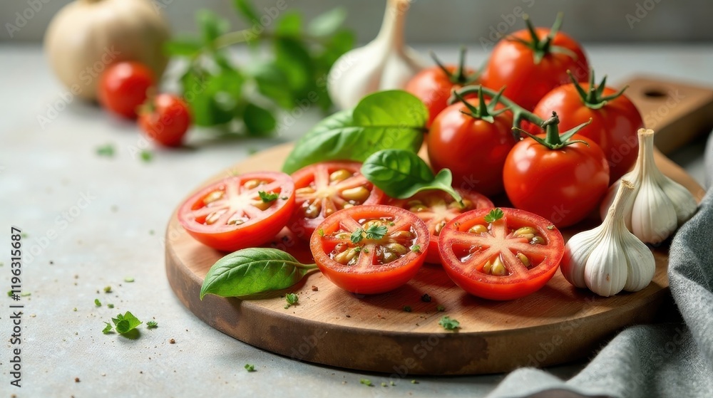 Juicy Sliced Tomatoes and Fresh Basil Arranged on a Rustic Wooden Board with Garlic Cloves Juicy Sliced Tomatoes and Fresh Basil Arranged on a Rustic Wooden Board with Garlic Cloves