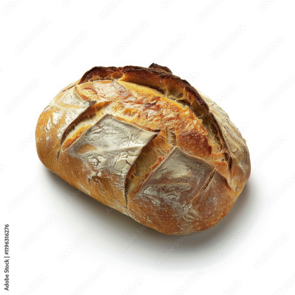 A perfectly baked loaf of sourdough bread with a crunchy crust and airy interior, isolated white background, hyperrealism art style A perfectly baked loaf of sourdough bread with a crunchy crust and airy interior, isolated white background, hyperrealism art style