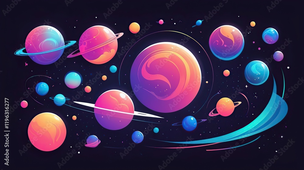 Naklejka premium Abstract space-inspired designs with glowing orbs, gradients, and cosmic elements.