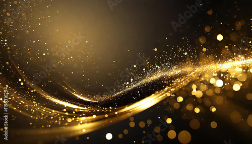 Abstract background of dark gold and glowing particles.Golden background with particles light flow. photo