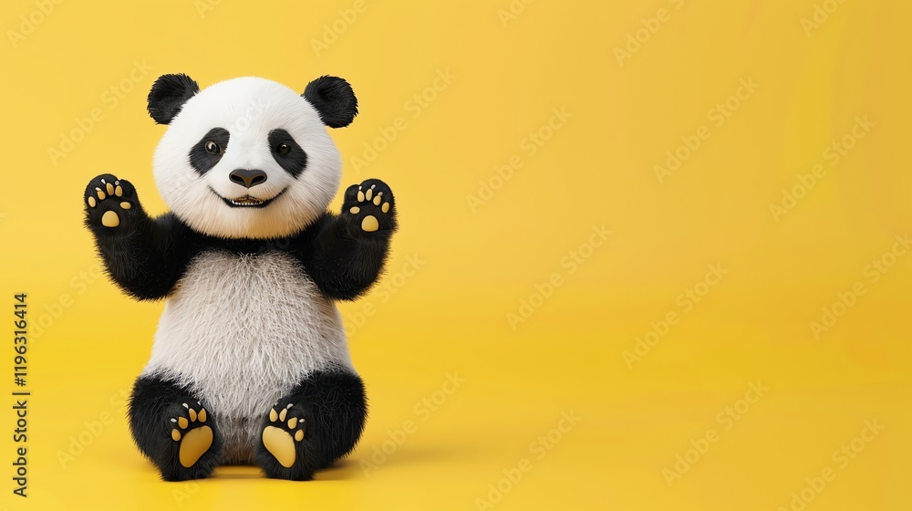 Cute panda sitting with paws up in front of a yellow background. Cute panda sitting with paws up in front of a yellow background.