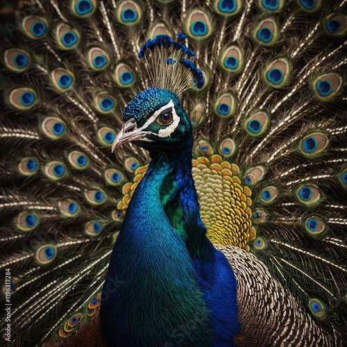 A peacock feather lying on the grA group of three peacocks with different shades of tail feathers.ound, symbolizing its beauty. photo