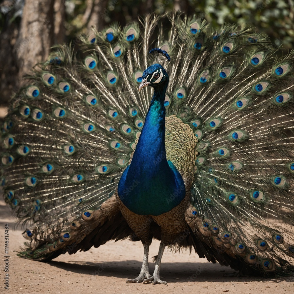 Fototapeta premium A peacock in mid-strut, its tail elegantly trailing behind.