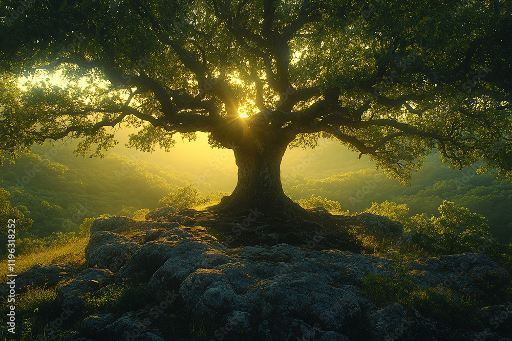 Fototapeta premium Majestic Oak Tree Sunrise Over Rolling Hills