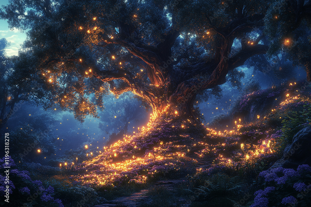 Enchanting Night Forest Scene With Illuminated Tree And Flowers Enchanting Night Forest Scene With Illuminated Tree And Flowers