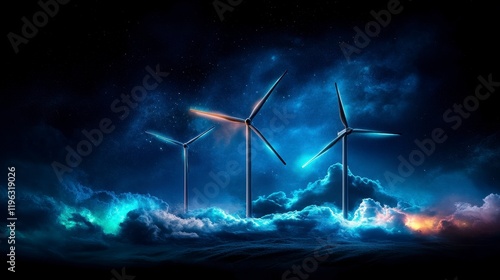 Ethereal wind turbines illuminated by cosmic light amidst swirling clouds at night photo