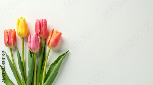 A vibrant arrangement of spring tulips in assorted pastel hues, creating a cheerful and delicate floral display against a clean, minimalist background