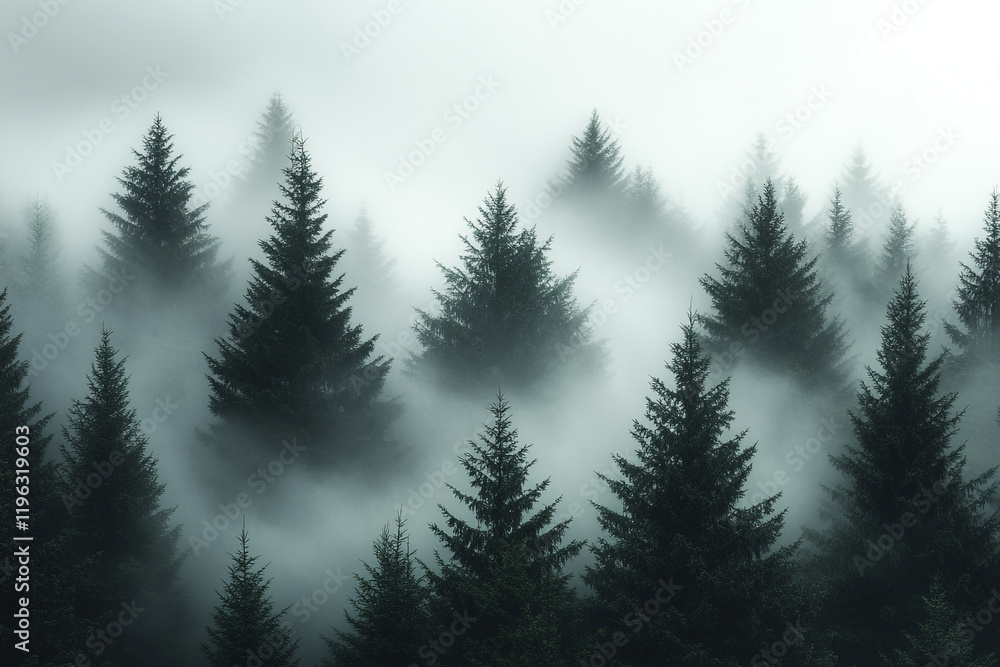 Fototapeta premium Misty Forest Conifers Enveloped In Foggy Air