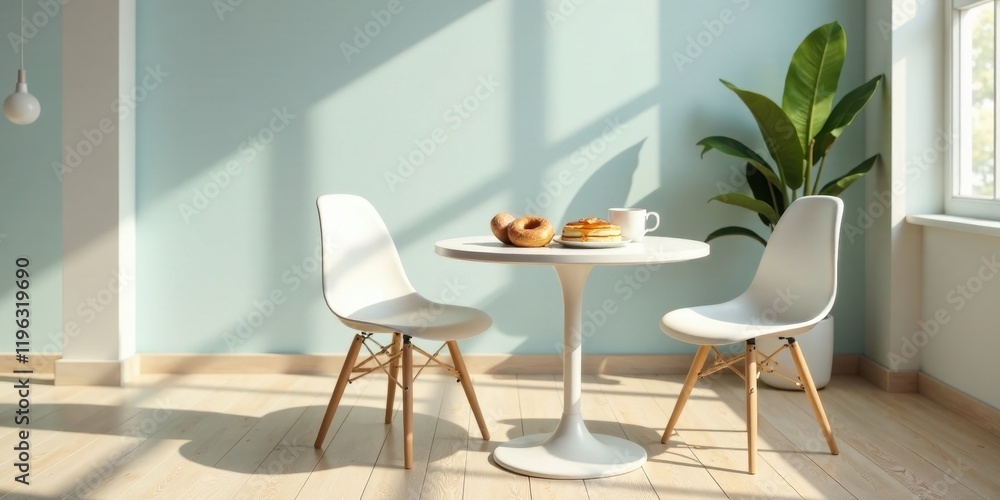 Fototapeta premium Sunny morning breakfast nook with two minimalist chairs and a small round table, perfect for a quiet meal