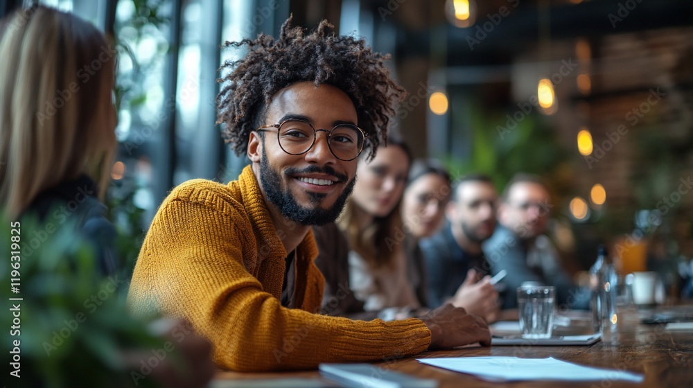 Smiling Man in a Cafe with Friends Smiling Man in a Cafe with Friends