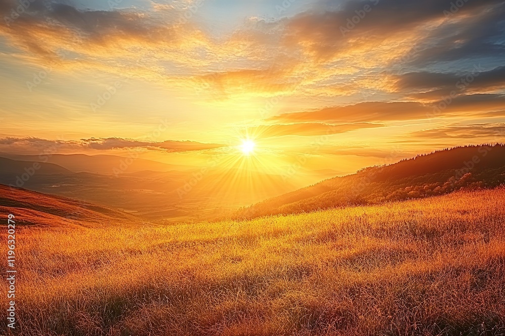 Serene Sunset: Golden Hues Over Rolling Hills, Peaceful Countryside Panorama sky day view calm rural