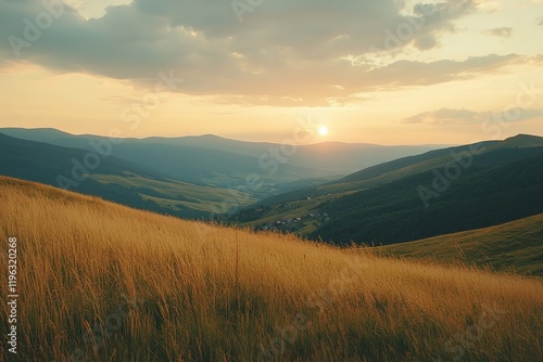 Carpathian Sunset: Golden Hour Majesty, Breathtaking Mountain Panorama g7 sky view rays calm wild    photo