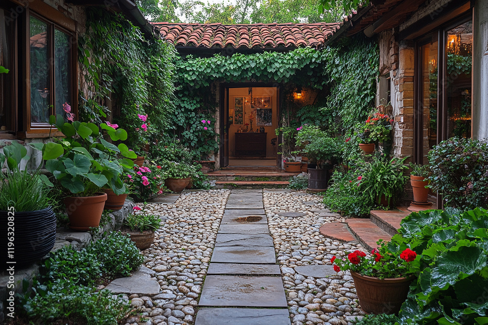 A Stone Path Leads Through A Lush Courtyard Garden A Stone Path Leads Through A Lush Courtyard Garden
