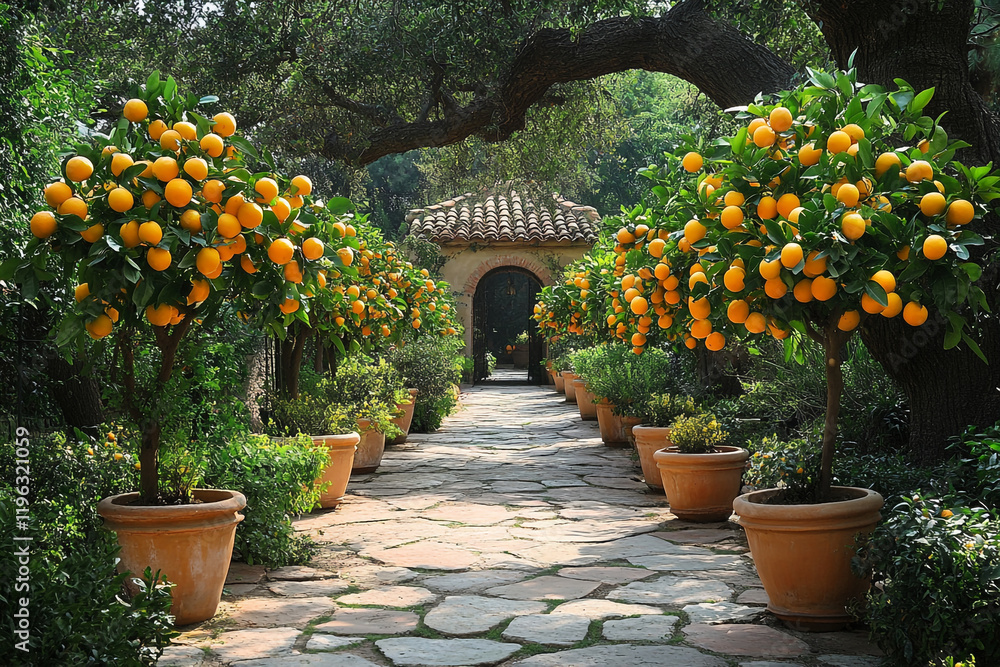 Obraz premium Orange Trees Line Garden Pathway To Archway