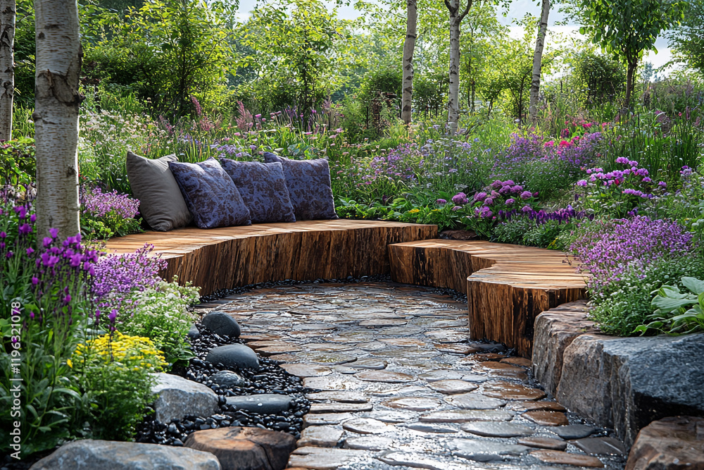 Obraz premium Serene Garden Bench with Flower Border and Stone Path