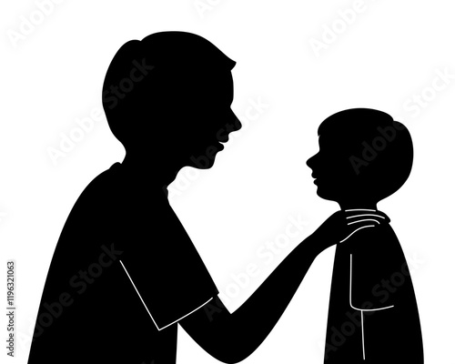 Silhouette of a father and son doing hand on shoulder in  mental health concept.