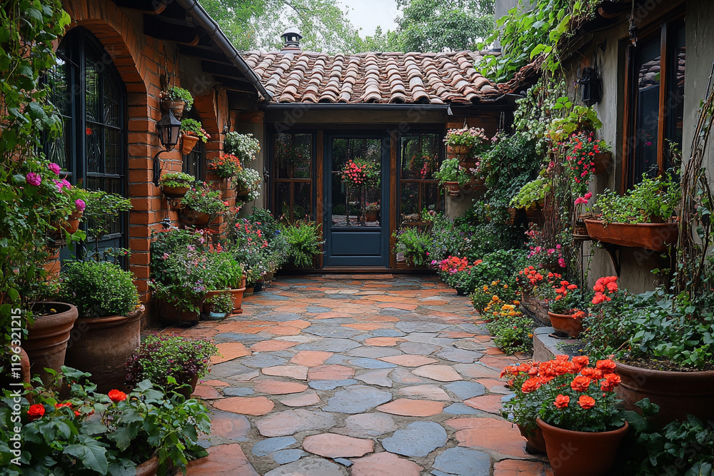 A Beautiful Courtyard Garden With Stone Path And Terracotta Pots A Beautiful Courtyard Garden With Stone Path And Terracotta Pots