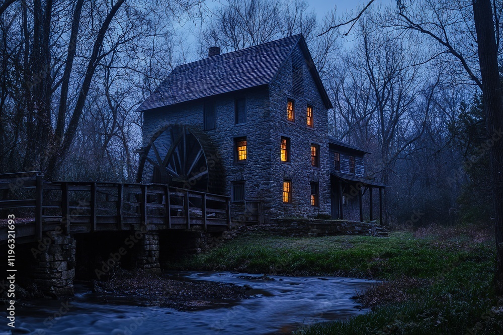 Obraz premium Nocturnal Mill: A Dark Blue and Gray Masterpiece of Architectural Grandeur old tone aged wood calm