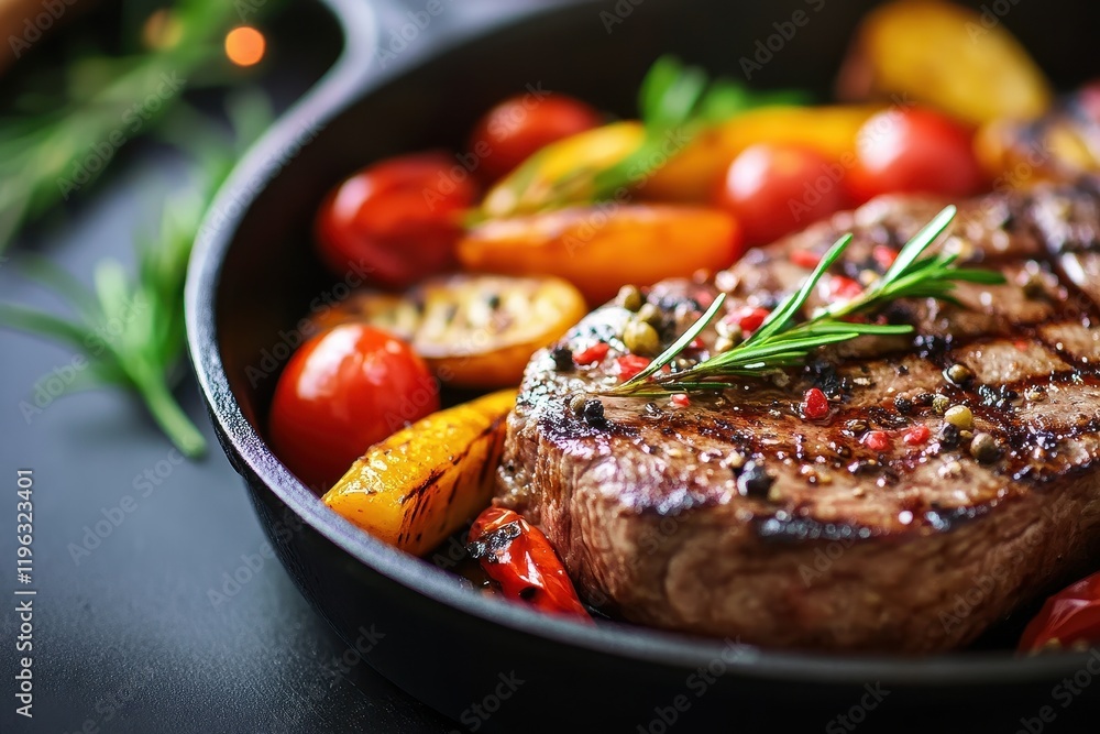 Grilled steak, roasted vegetables, dark background, restaurant Grilled steak, roasted vegetables, dark background, restaurant
