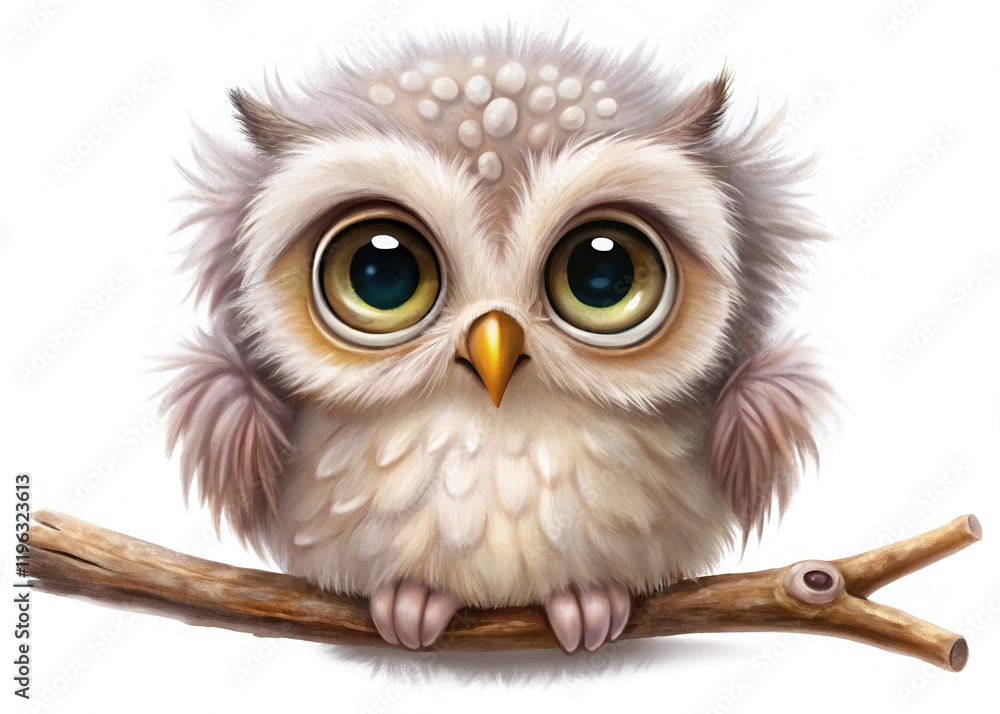 Naklejka premium Adorable Sleepy Owl Character, White Background, Cartoon Bird, Cute Animal Illustration, Wildlife Stock Photo