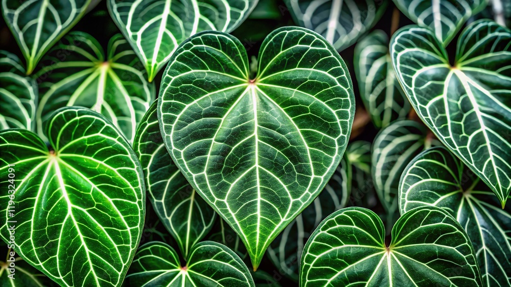 Anthurium Clarinervium: Close-Up of Heart-Shaped Leaves, Exotic Houseplant with Satin Dark Green Foliage and White Veins Anthurium Clarinervium: Close-Up of Heart-Shaped Leaves, Exotic Houseplant with Satin Dark Green Foliage and White Veins